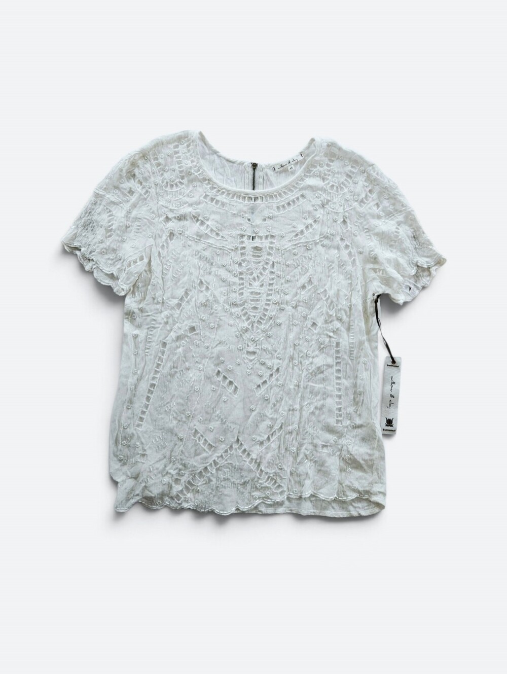 NWT Anthropologie x Willow & Clay Ivory Beaded Lacy Scalloped Edge Top Blouse M